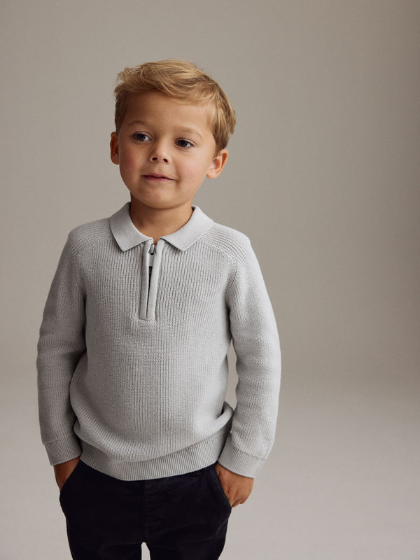 Light Grey Long Sleeve Quarter Zip Knitted Polo Shirt (3mths-7yrs)