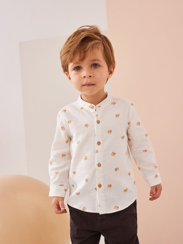 White Bear AOP 100% Cotton Long Sleeve Grandad Collar Printed Shirt (3mths-7yrs)