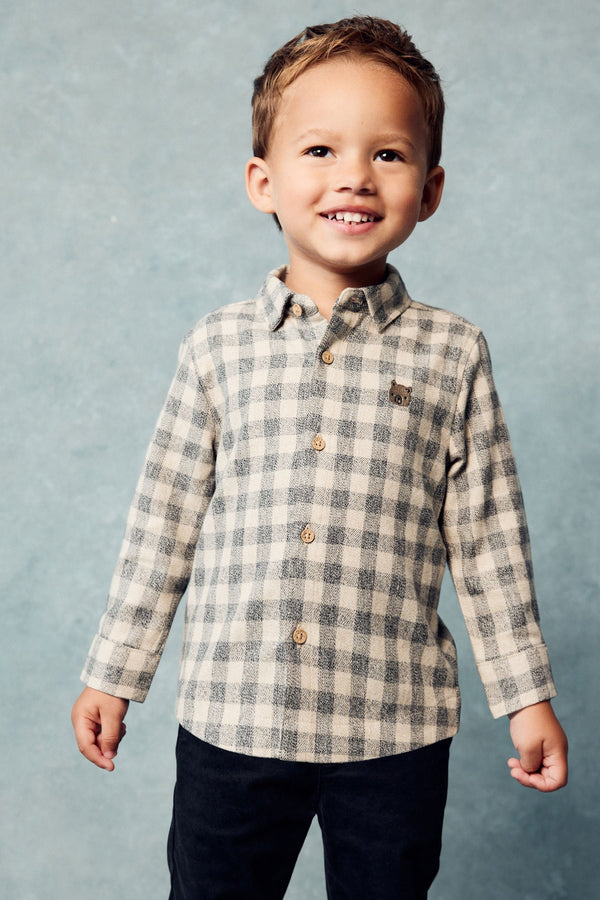 Neutral/Grey Scandi Check Character Long Sleeve Check 100% Cotton Shirt (3mths-7yrs)