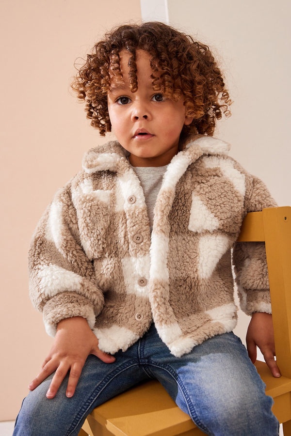 Tan Brown Checkerboard Borg Fleece Shacket (3mths-7yrs)