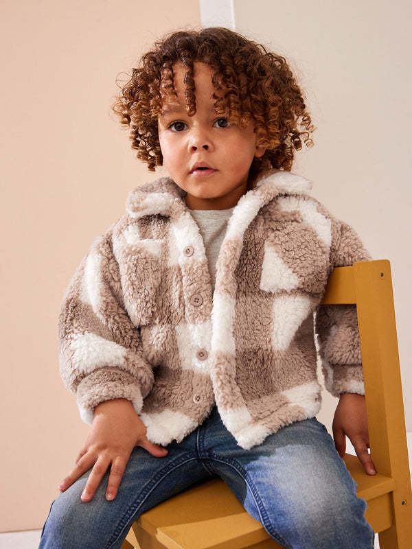 Tan Brown Checkerboard Borg Fleece Shacket (3mths-7yrs)