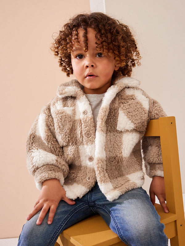 Tan Brown Checkerboard Borg Fleece Shacket (3mths-7yrs)