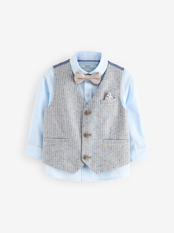 Blue Linen Stripe Waistcoat Set With Shirt And Bow Tie (3mths-7yrs)