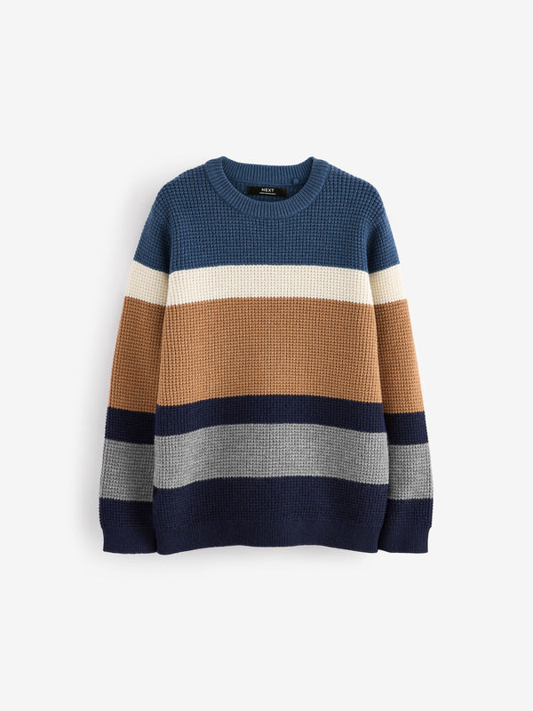 Blue/Neutral Stripe Knitted Crew Neck Jumper (3-16yrs)