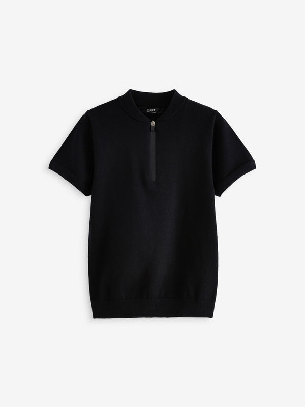 Black 100% Cotton Knitted Quarter Zip Polo Shirt (3-16yrs)