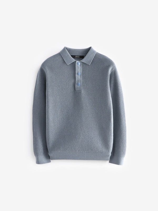 Blue Long Sleeve Textured Polo Shirt (3-16yrs)