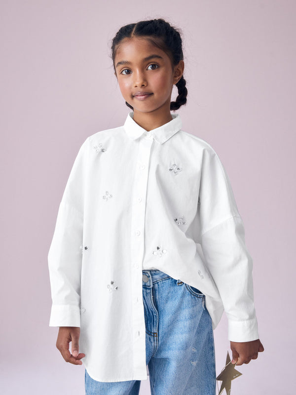 Diamante White Oversized 100% Cotton Shirt (3-16yrs)