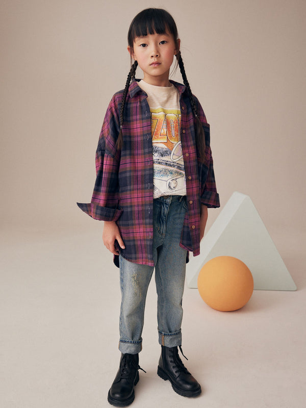 Purple 100% Cotton Check Shirt And T-Shirt Set (3-16yrs)