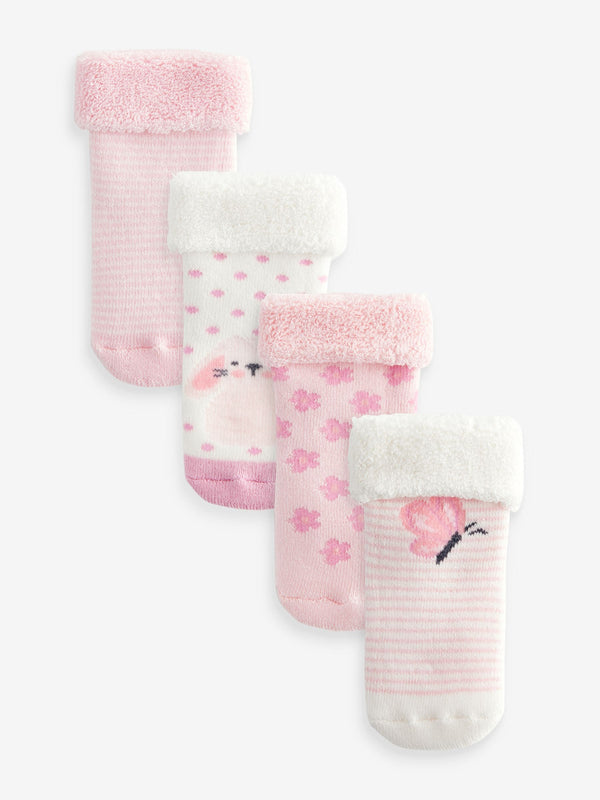 Pink Towelling Character Socks 4 Pack (0mths-2yrs)