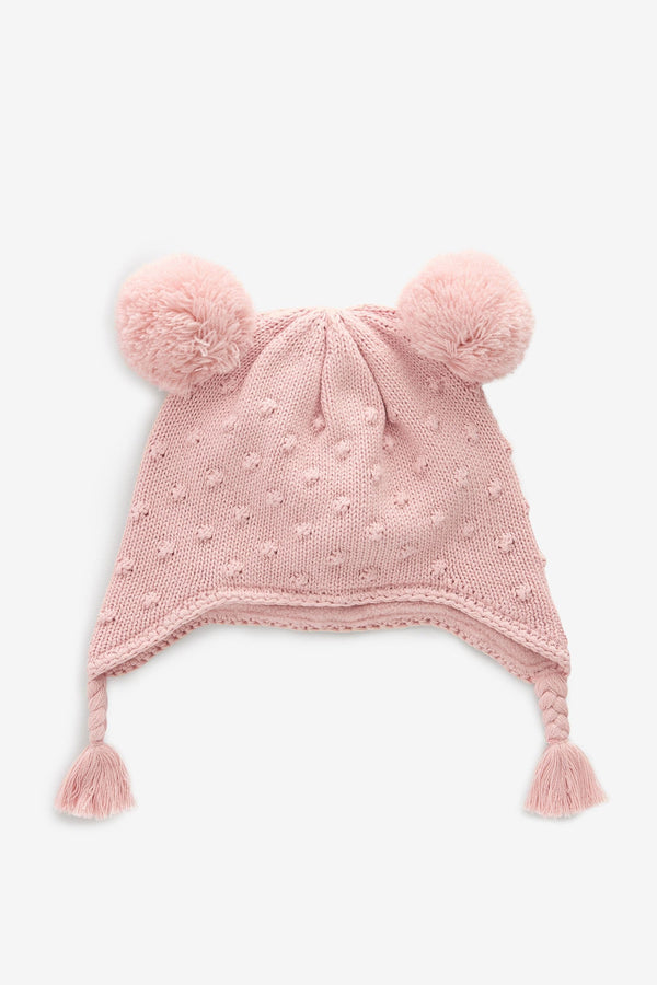 Pink Double Pom Knitted Trapper Hat (0mths-2yrs)