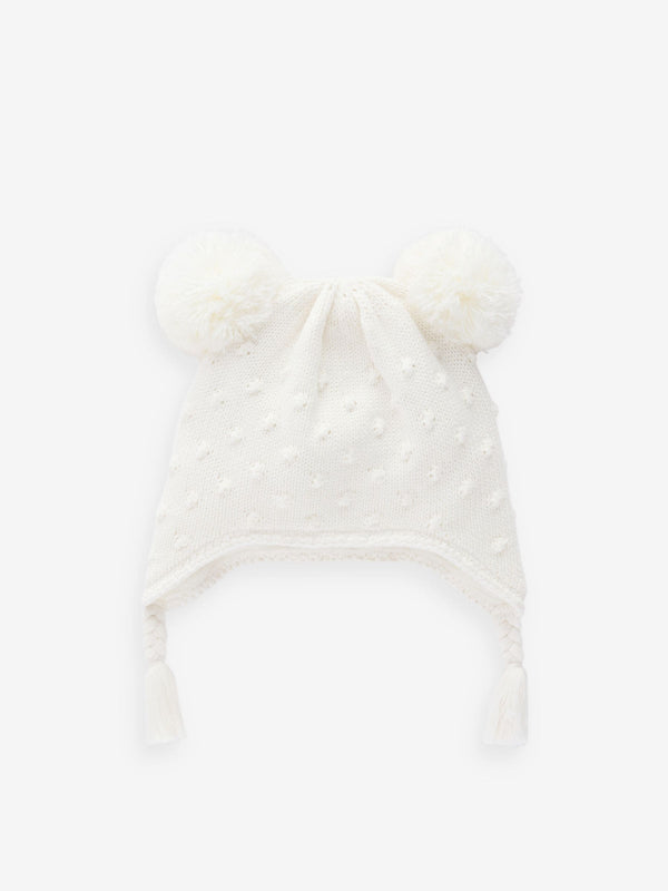 Ecru Double Pom Knitted Trapper Hat (0mths-2yrs)