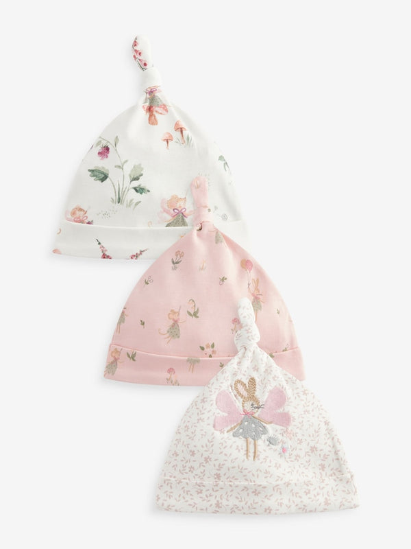 Pink Fairy Baby Tie Top 100% Cotton Hats 3 Pack immediate