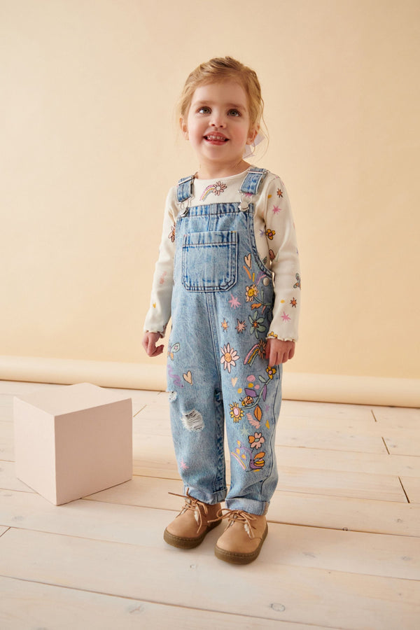 Denim Floral Printed 100% Cotton Dungaree Set (3mths-7yrs)