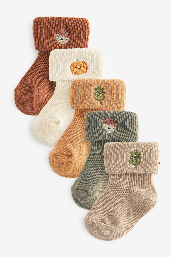 Brown Baby Embroidered Roll Top Socks 5 Pack (0mths-2yrs)