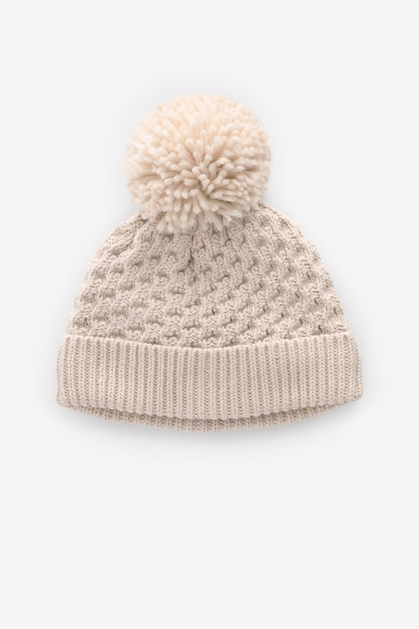 Cream Knitted Pom Waffle Baby Hat