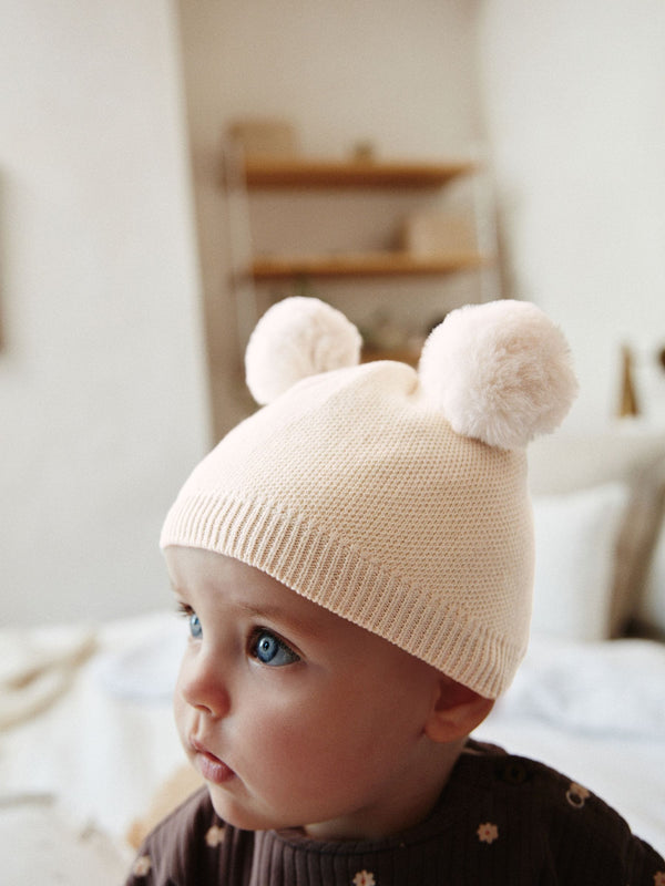 Cream Delicate Double Pom Baby Hat