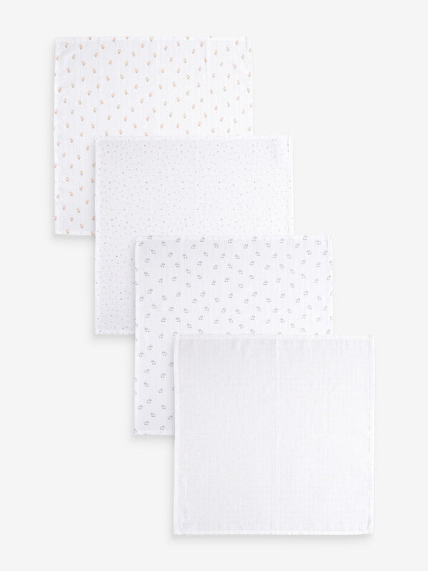 White Delicate Animal Baby Muslins Cloths 4 Pack