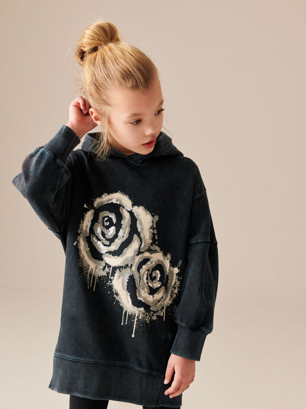Charcoal Black Rose Printed Longline Hoodie (3-16yrs)