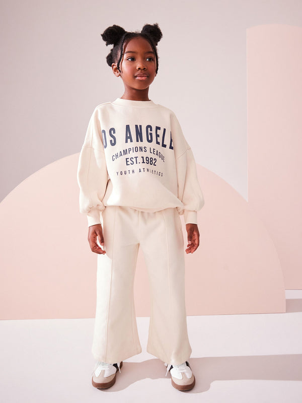Ecru Slogan Sweatshirt And Wide Leg Joggers Set (3-16yrs)