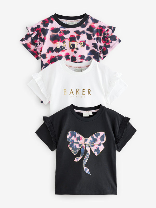 Baker by Ted Baker Multi Animal Print Frill Sleeve 100% Cotton T-Shirts 3 Pack