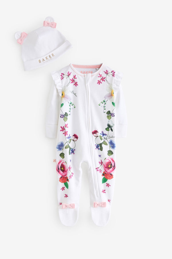 White Baker by Ted Baker Mirror Floral White Sleepsuit And Hat Set