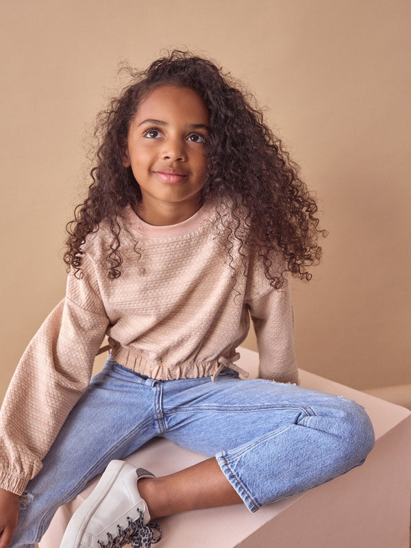 Pink Textured Ruche Hem Long Sleeve T-Shirt (3-16yrs)