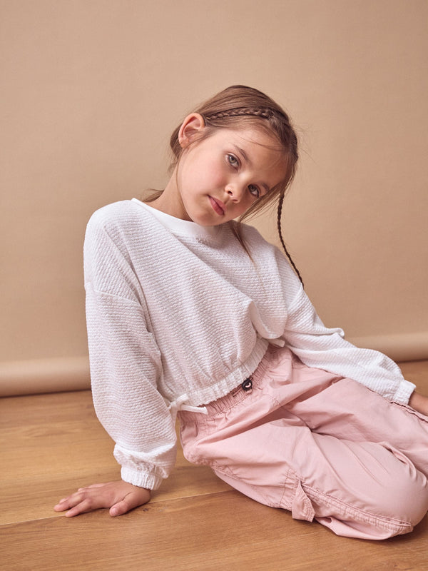 White Textured Ruche Hem Long Sleeve T-Shirt (3-16yrs)