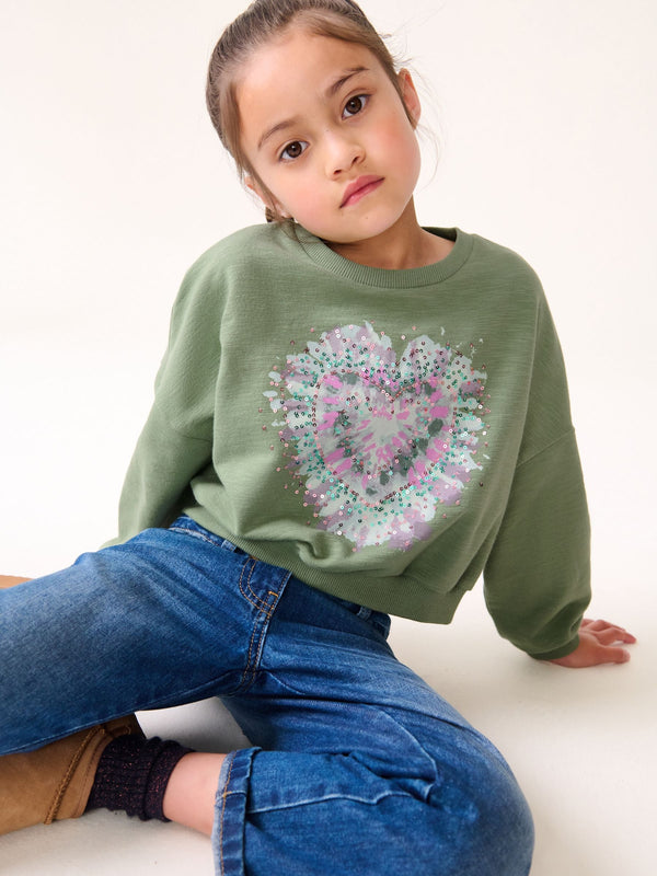 Khaki Green Sequin Heart Long Sleeve T-Shirt (3-16yrs)