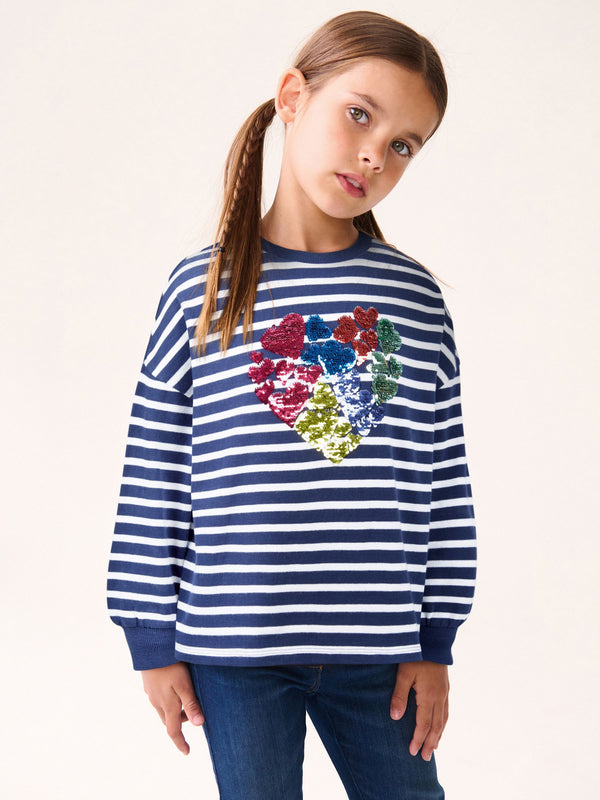 Navy Stripe 100% Cotton Sequin Heart Long Sleeve T-Shirt (3-16yrs)