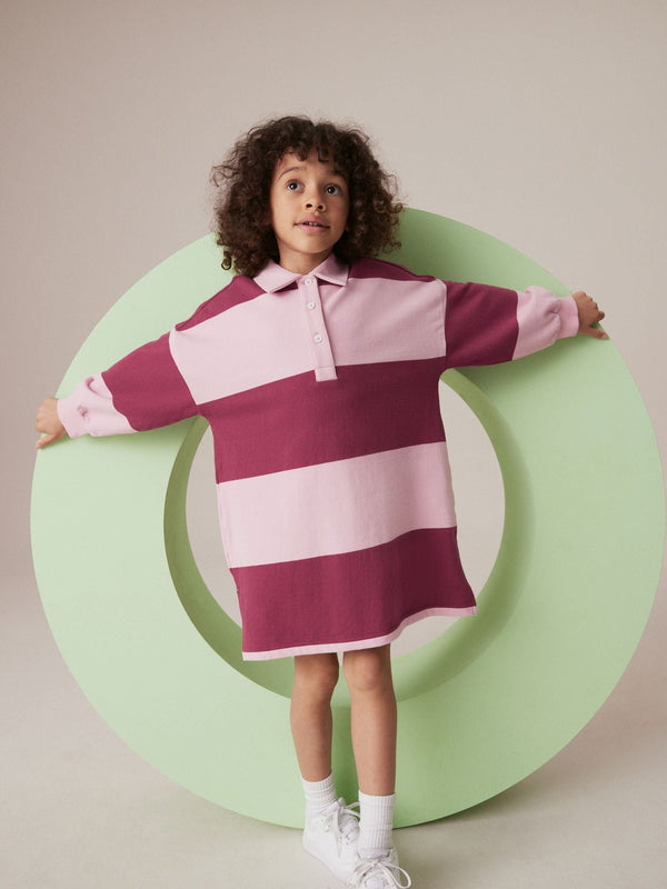 Berry Red/Pink Stripe 100% Cotton Rugby Dress (3-16yrs)