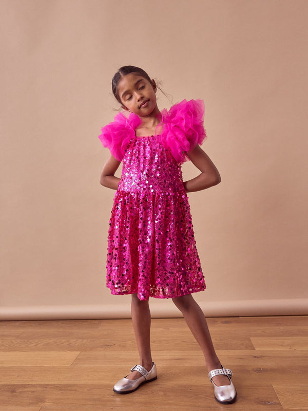 Pink Puff Sleeve Sequin Party Dress (3-14yrs)