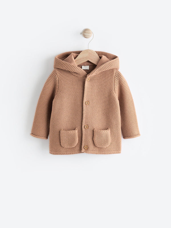 Toffee Knitted Hooded Baby Cardigan