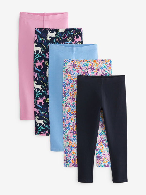 Blue/Pink Floral/Navy Unicorn Leggings 5 Pack (3-16yrs)