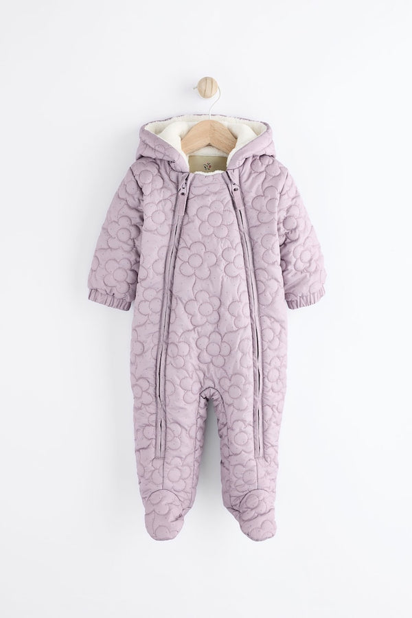 Purple Flower Fleece Lined Hooded Zip Quilted Baby All-In-One Pramsuit(immediate)