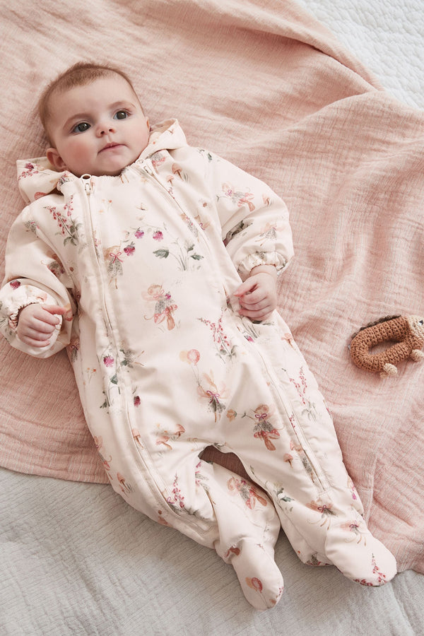 Ecru/ Pink Fairy Print Baby Packable All In One Pramsuit (0mths-2yrs)