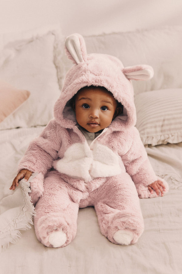 Pink Baby Faux Fur Cosy Hooded Pramsuit All-In-One (0mths-2yrs)