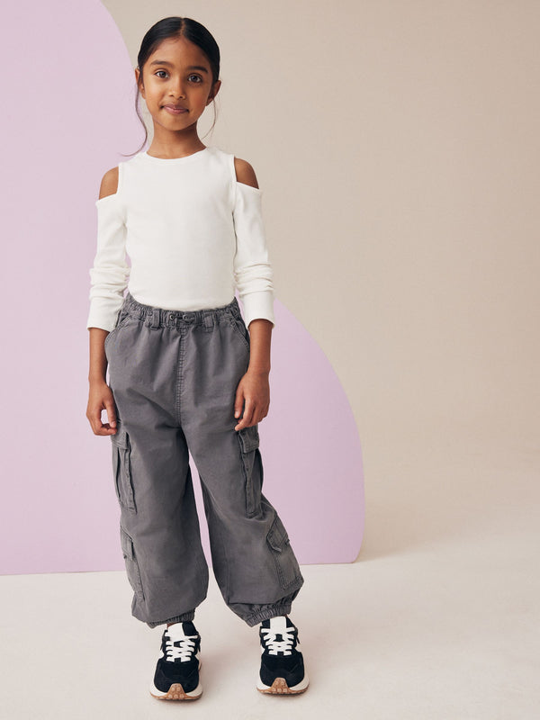 Charcoal Grey Parachute Cargo 100% Cotton Trousers (3-16yrs)