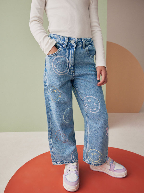 Mid Blue Denim SmileyWorld® Wide Leg 100% Cotton Jeans (3-16yrs)
