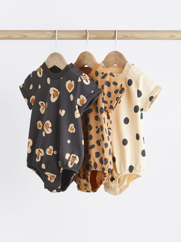 Black/ Cream Animal Print Baby T-Shirt Rompers 3 Pack