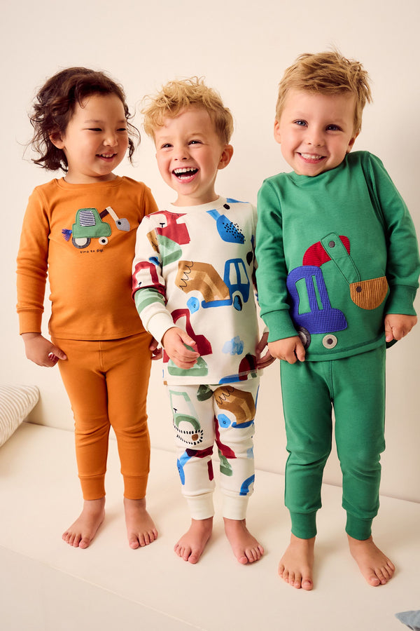 Green/Orange Transport Snuggle 100% Cotton Pyjamas 3 Pack (9mths-8yrs)