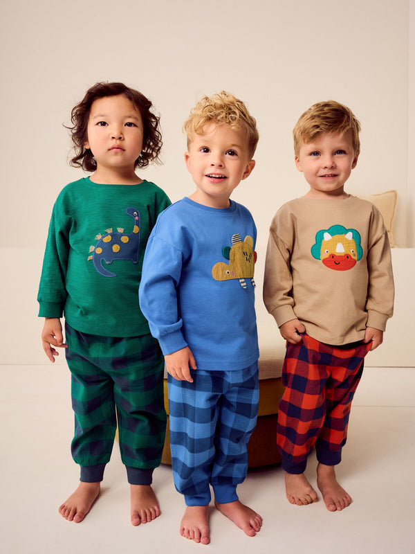 Green/Orange/Blue Dinosaur Check Woven Bottom Pyjamas 3 Pack (9mths-12yrs)