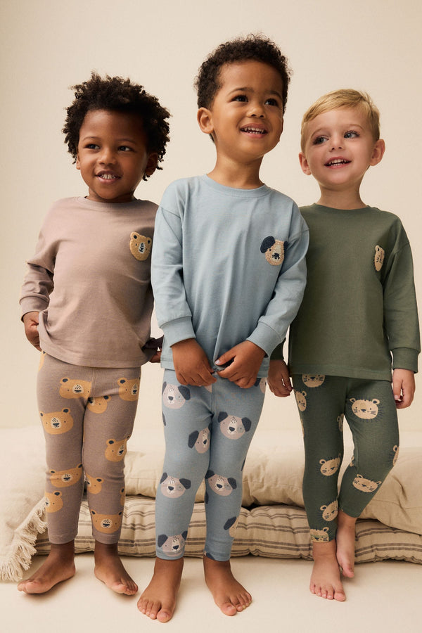 Blue/Brown/Khaki Green Animal Ribbed Leg 100% Cotton Pyjamas 3 Pack (9mths-8yrs)