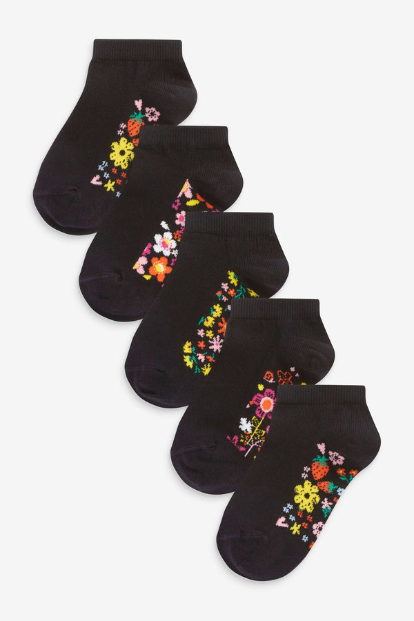 Black Floral 5 Pack Cotton Rich Footbed Trainer Socks