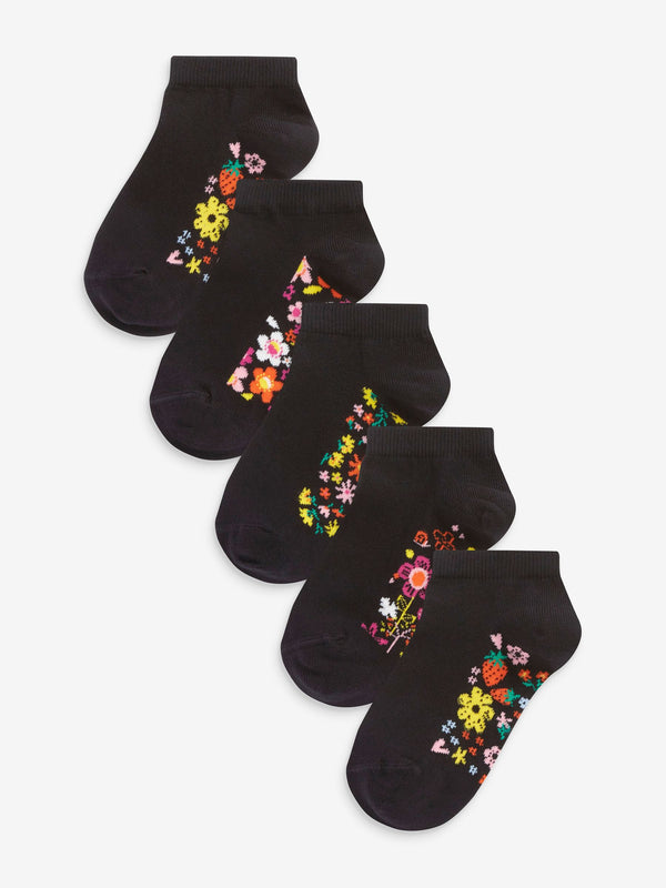 Black Floral 5 Pack Cotton Rich Footbed Trainer Socks