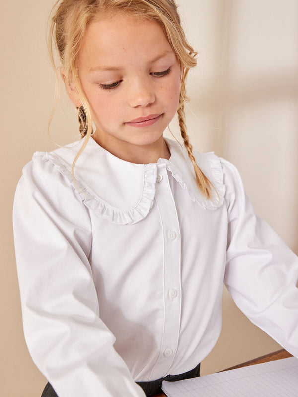 White Premium Cotton Stretch Frill Collar  Long Sleeve School Blouse (3-14yrs)