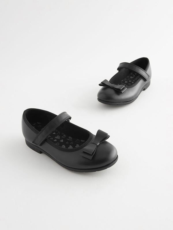 Black Matt Wide Fit (G) School Leather Bow Mary Jane Shoes