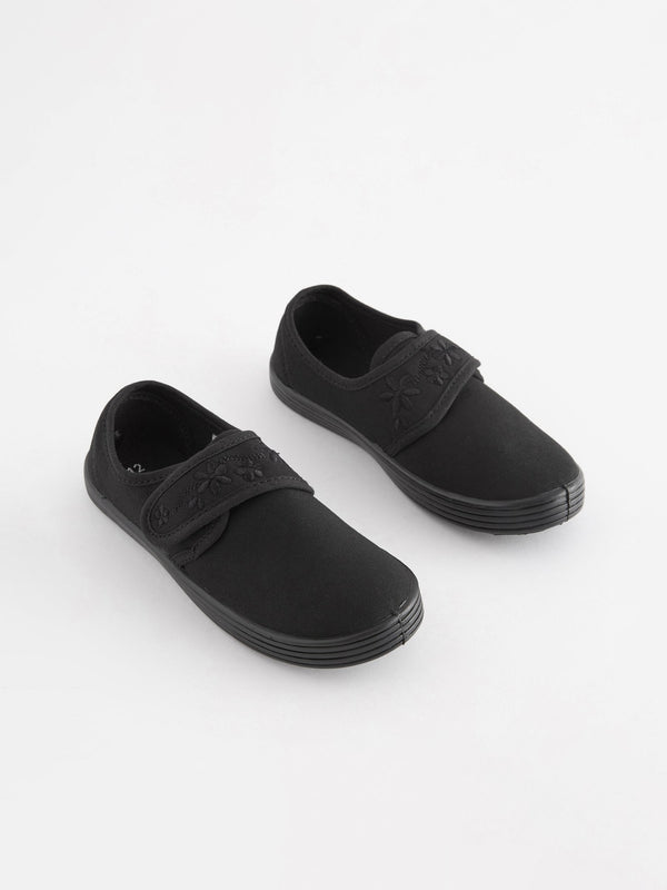 Black Wide Fit (G) Embroidered Strap School Plimsolls