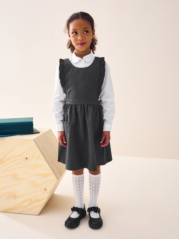 Grey Ruffle Detail Pinafore School Dress (3-14yrs)