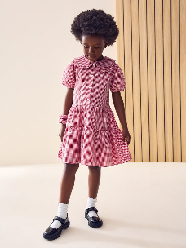Red Cotton Rich School Gingham Tiered Pretty Collar Dress (3-14yrs)