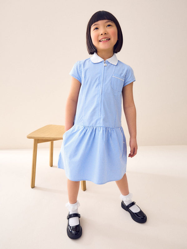 Blue Zip Front Cotton Rich Gingham School Dress (3-14yrs)